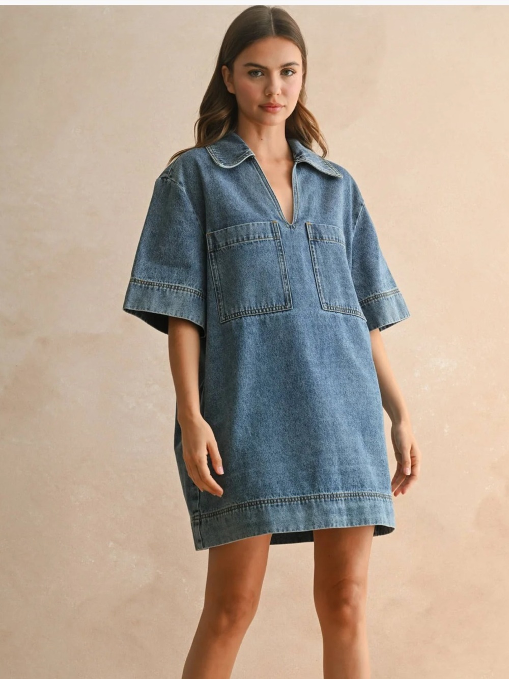 Miou muse Denim V-Neck Pocket Shift Dress
